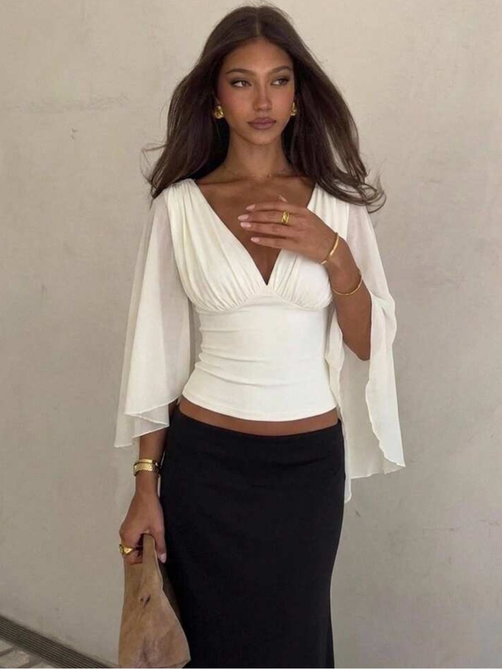 Siren Gaze Summer Women Deep V-Neck Pleated Casual  Daily Wear Ruffle Peplum